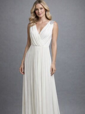 ALEX Evenings White Pleated V-Neck Gown with Embellished Shoulders